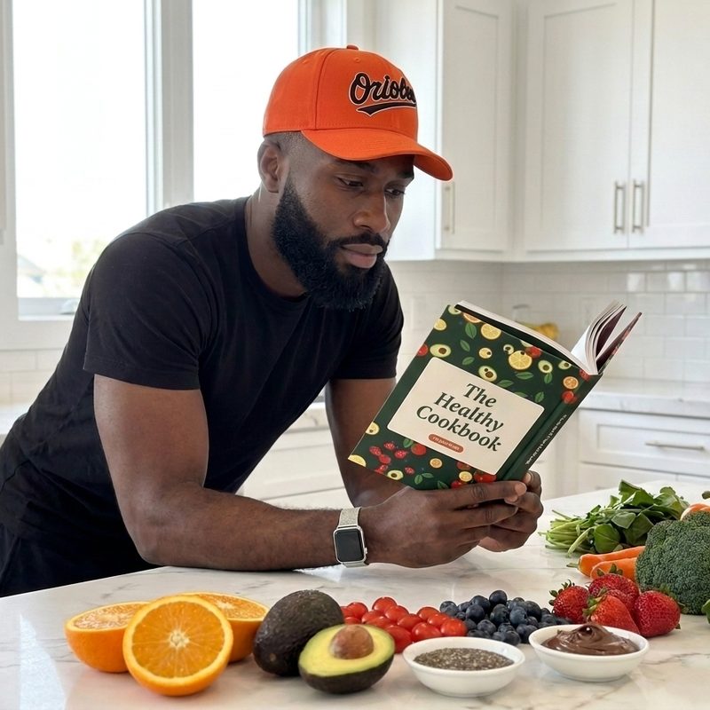 Killian reading The Feel Good Cookbook